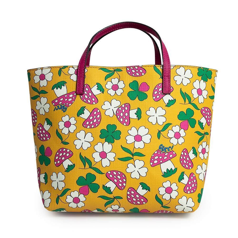 Gucci Mushroom Flower Canvas Handbag Yellow Pink Green